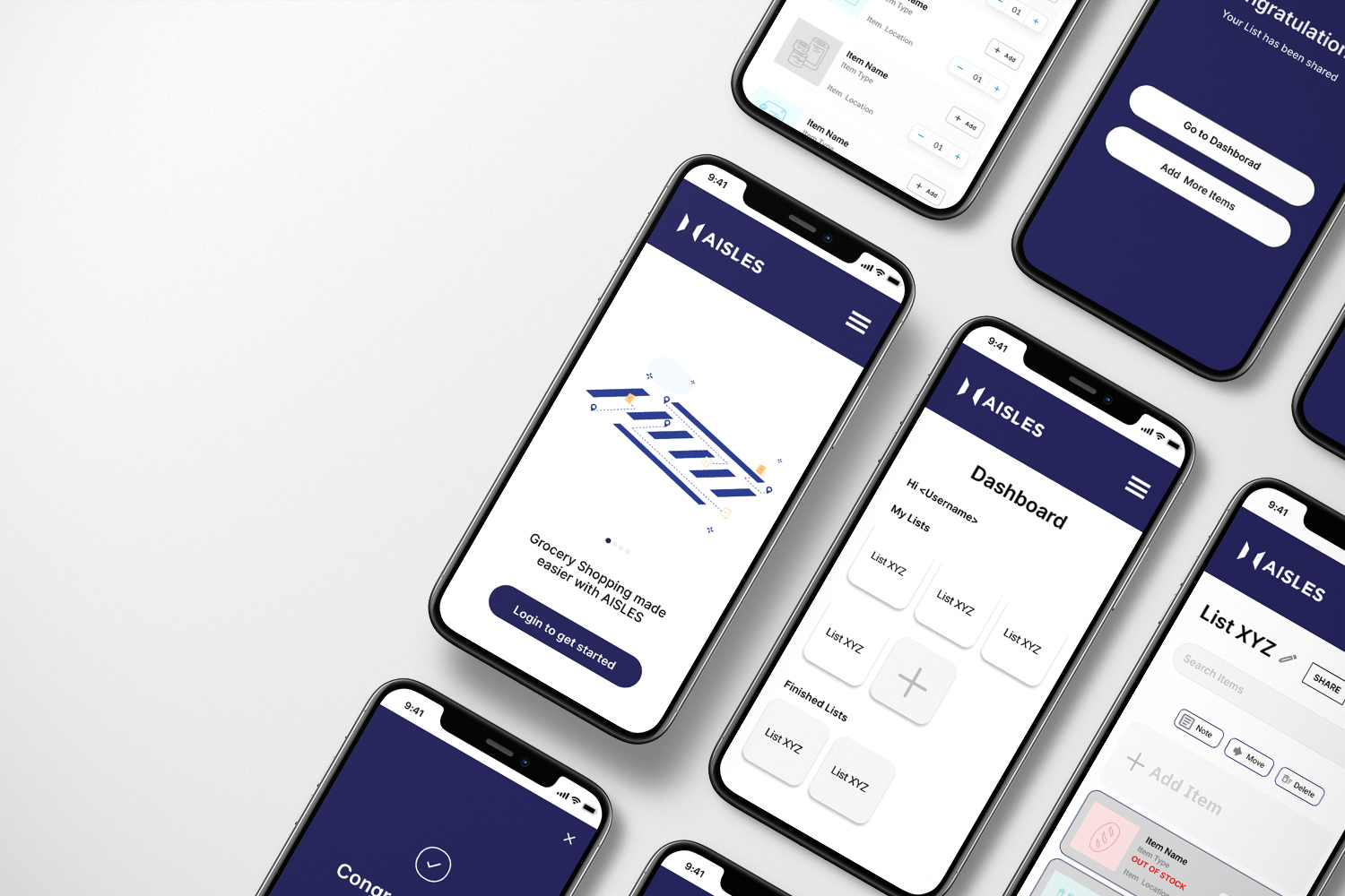 Aisles mobile application screens arranged across multiple devices