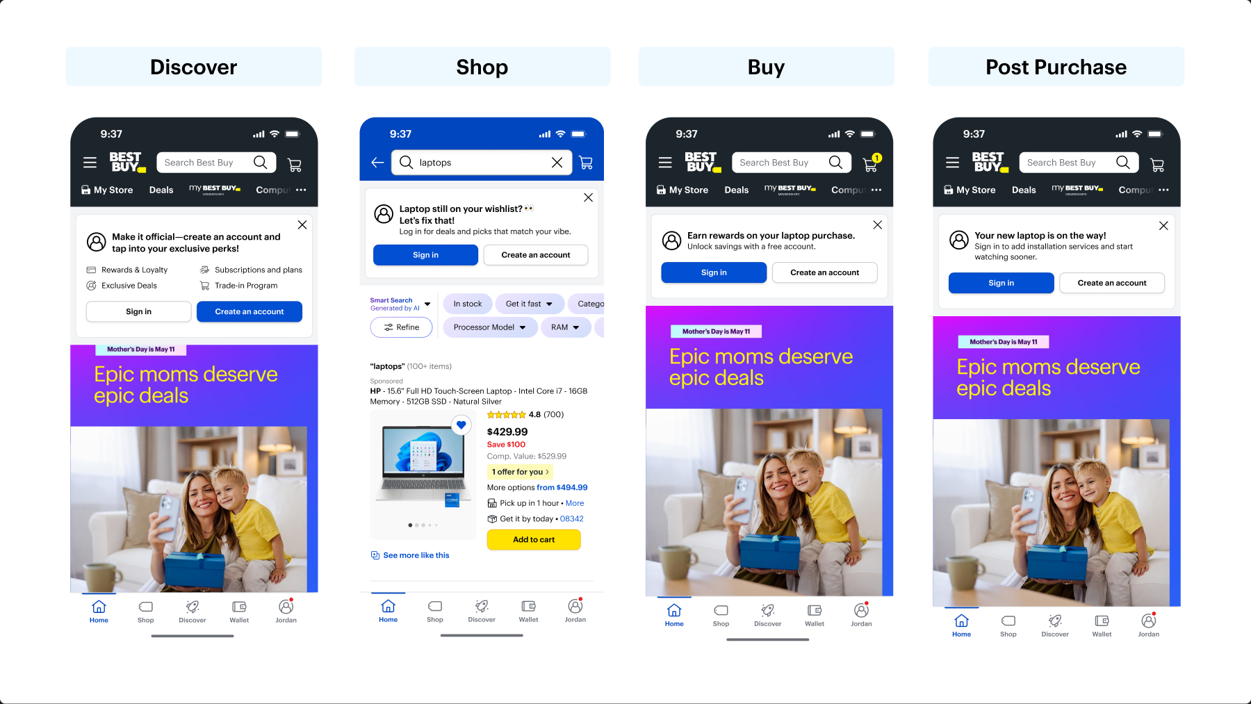 Best Buy mobile concepts adapting account value across discovery, shopping, purchase, and post-purchase stages