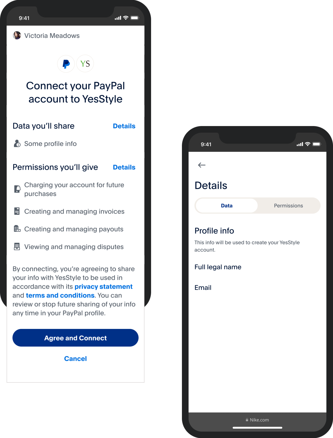 PayPal consent overview and details screens