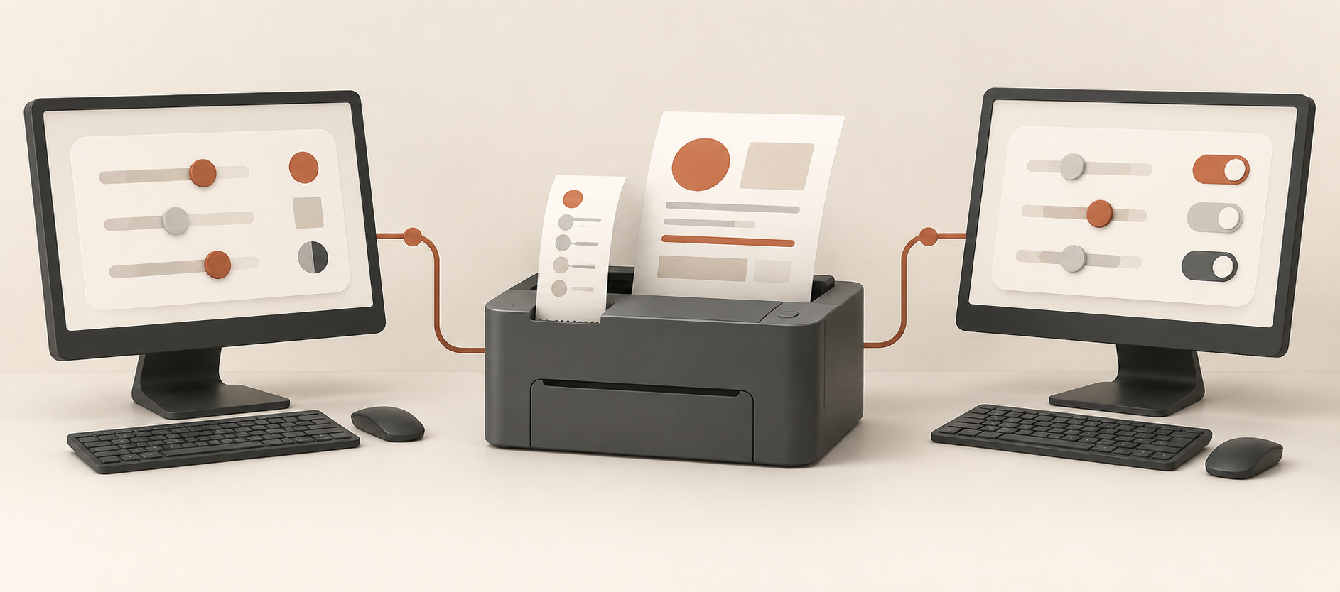 Concept illustration of two banking workstations connected to a shared printer for receipts and notices
